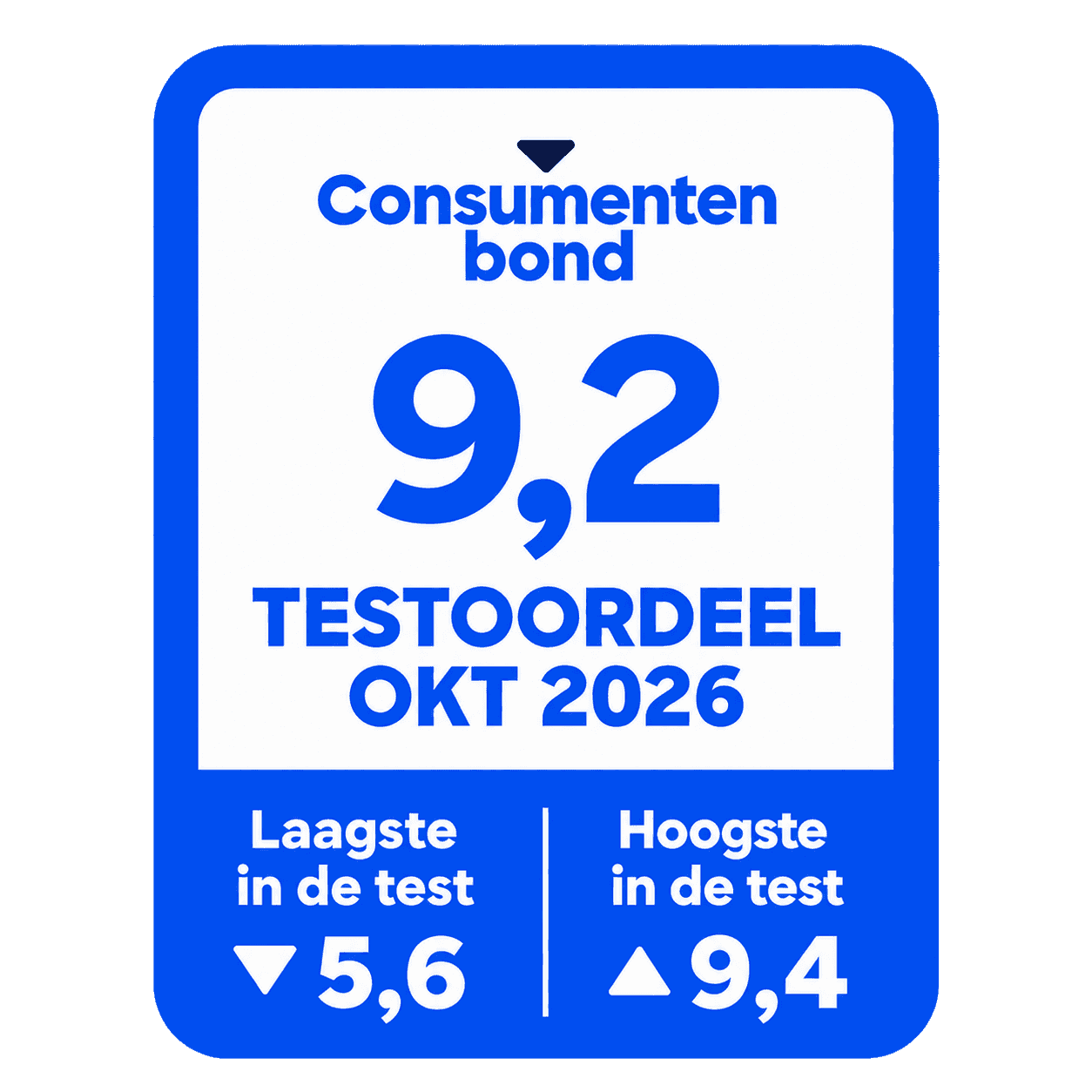 Het vignet van de Consumentenbond waarop staat dat de Allianz Direct WA-autoverzekering is beoordeeld met een 9,2